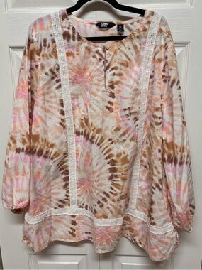 Lands' End Tie-Dye Lace-Trim Long Sleeve Tunic - Pink & Brown